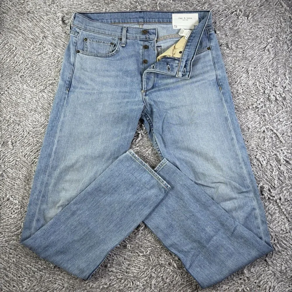 Rag & Bone Fit 2 Slim Jeans Men 32x33 Button Fly Blue Denim Designer USA Logo